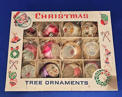 12 Vintage 2½ In. Hand Blown Single Indent Glass CHRISTMAS TREE ORNAMENTS In Box • $35.32