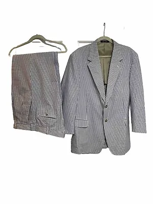 Cotton Brothers Men's Vintage Suit Blue White Striped Seersucker 44R Pleated 38R • $72.16