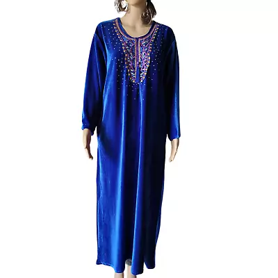 Fionalissa Velvet Kaftan Tunic Embroidered Blue Long Sleeves Maxi Dress • $27.99