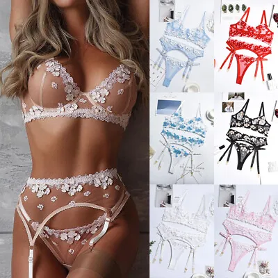 Sexy Women Bra Thong Suspender Lingerie 3Pcs Set See-Through Nightwear Underwear • £14.39