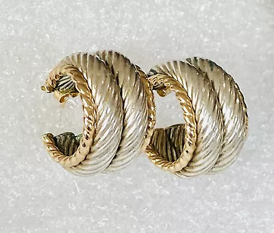 Exquisite 14K Yellow Gold .925 Sterling Silver MB Signed Twist Hoop Earrings • $129.99