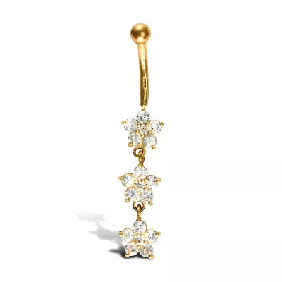 9ct Gold Mersham Jewels CZ Flower Trilogy Dropper Banana Belly Bar 10mm • £137.99