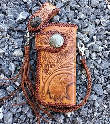 Custom Leather Biker Eagle Carved Wallet Chain Handmade Leather Wallet Gift X17 • $179.99