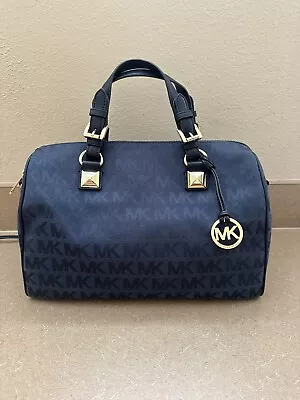 Michael Kors Grayson Signature Canvas Navy Blue Top Handle Large Satchel Bag HTF • $59.99