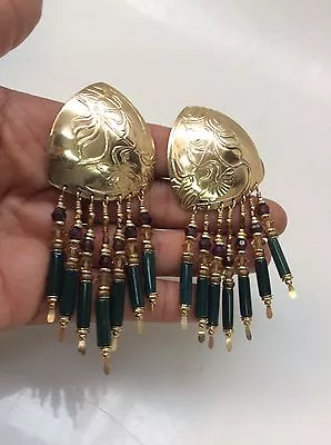 Beautiful Vtg. Tabra Gold Filled Green Stone Crystal Dangle Pierce Earrings • $299.99