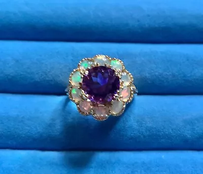 Premium Moroccan Amethyst Ethiopian Welo Opal Halo Ring In Vermeil YG Over SS-8 • $99.88