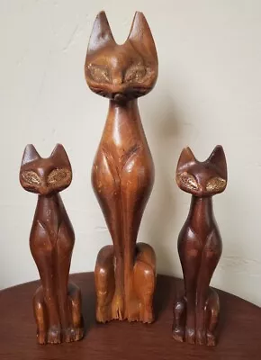 Vintage Mid Century Modern Hand Carved Teak Wood Siamese Cat Sculpture 12  7.5  • $109.50