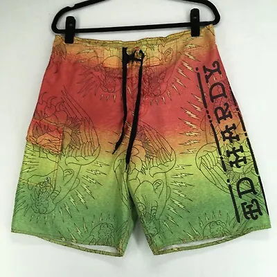 ED HARDY Men's Board Shorts Vintage Size 32 Red Inseam 10 Rise 12 • $29.99