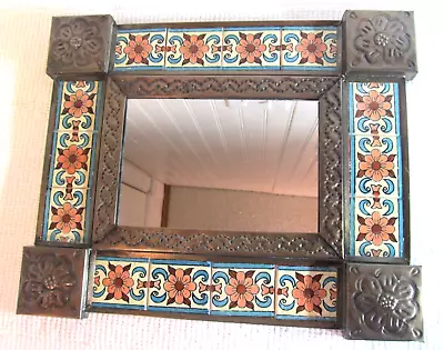 Talavera Mexican Folk Art Wall Mirror Punch Tin Mosaic Glazed Terracotta • $26.50