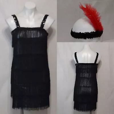 New Women's Black Tiered Fringe Tassels Flapper Mini Dress With Headdress Small • $45