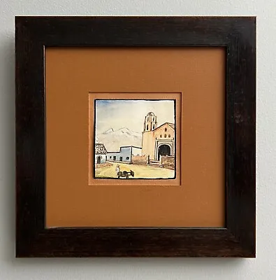 A Vintage Framed Folk Art Mexican Watercolor Painting Of Mountains And A Village • $574.95