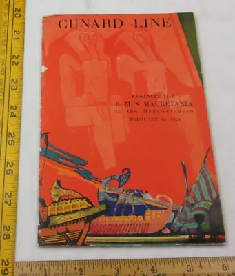 1929 R.M.S. Mauretania Passenger List Booklet Mediterranean Cunard Egypt Haifa • $69