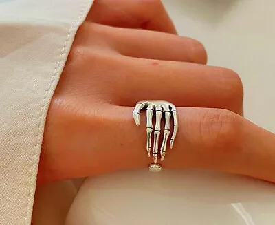 Skeleton Hand 925 Sterling Silver Plt Adjustable Thumb Ring Women Jewellery Gift • £3.29