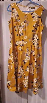 Lady Vintage Hepburn Mustard Pretty Floral Print Midi Immaculate Swing Size 18 • $31.11