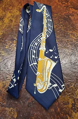 Renaissance Saxophone Blue Tie - Music Note Necktie - Band - Handmade Jazz Music • $10.99