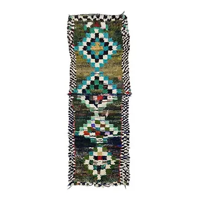 Moroccan Handmade Vintage Rug 2'4 X6'8  Berber Geometric Green Cotton Area Rug . • $240