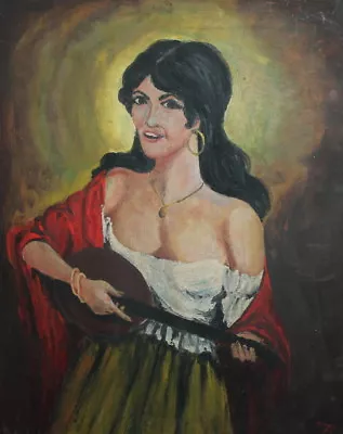 1971 Gipsy Woman Lute Player Portrait Oil Painting Signed • $262.50