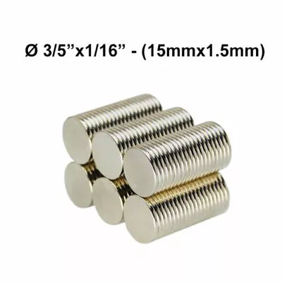 15mmx1.5mm Strong Neodymium Disc Magnets 3/5 X1/16  Fridge Magnet N50 • $7.99