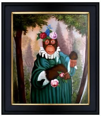 Framed Monkey Holding Flowers Quality Hand Painted Oil Painting 20x24in • $179.95