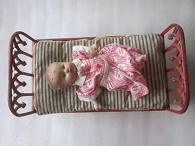 Victorian Era Cast Iron Doll Bed With Bedding And Vintage Doll 15 1/4  X 8 1/2  • $795