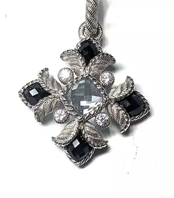 Judith Ripka Sterling Silver Blue Topaz Gemstone Onyx Maltese Cross Pendant • $169.90