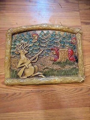 Deer Holding Gun Hunting Cabin Decor Vintage Hunter Gift Chalkware Plaque 10x12 • $45