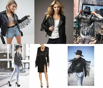 MUUBAA Black Leather Fringe Biker Jacket Boho Hippie Festival UK10 EU 38 US 6 M • $299.99