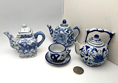 Lot 3 Mini Porcelain Teapots Cobalt Blue Floral Design China India Home Decor • $29.99