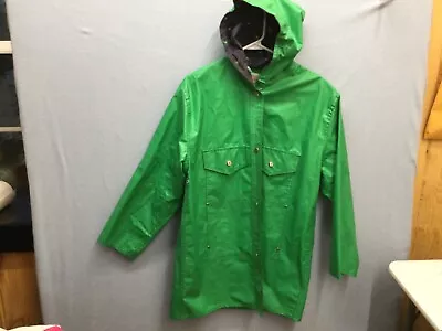 Vintage Raindrops Green Vinyl Raincoat Blue Lining Ducks Size Adult Large • $24