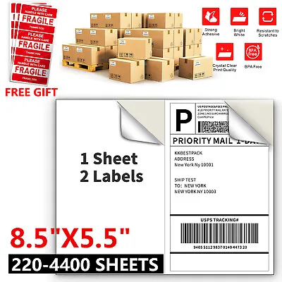 220-4400 Shipping Labels 8.5  X 5.5  Half Sheets Blank Self Adhesive 2 Per Sheet • $5.99