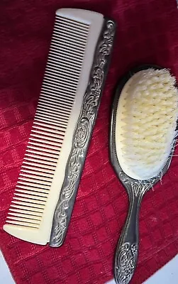 Vintage Ornate Hair Brush & Comb Set Silver Plated Vanity Set  • $25