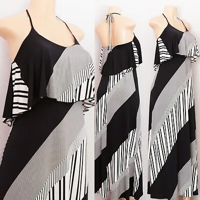 Veronica M Black White Diagonal Striped Halter Ruffle Maxi Dress Stretch XS $120 • $35.99