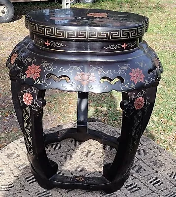 $199.99 • Buy Older/Vntg.  Chinoiserie Black Lacquer W Inlay - Chinese Drum Stool / Side Table