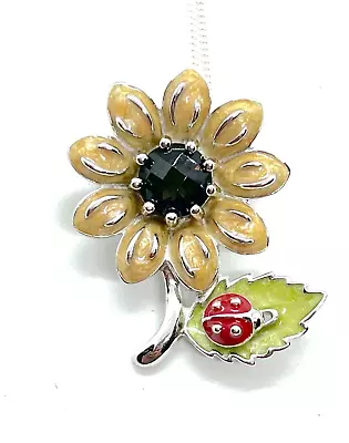 Sterling Silver Enamel Flower Smokey Quartz & Moving Ladybird Pendant Or Brooch • $41.03