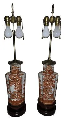 Vintage Marbro Large Hand Painted Double Socket Porcelain Table Lamps… • $350