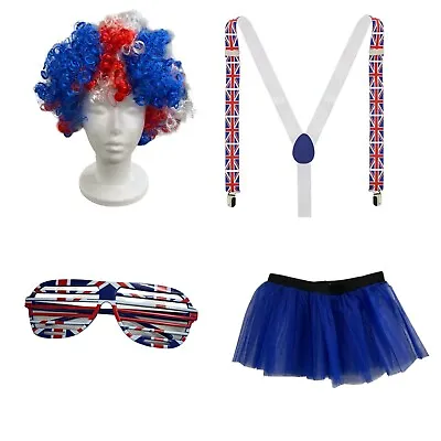 4 Piece Union Jack Queens Jubilee Braces Blue Tutu Shutter Glasses Afro Wig Set • £16.99