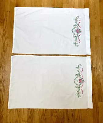 Vintage Pair Hand Embroidered White Bows Floral Pillowcases-standard Size • $15.99