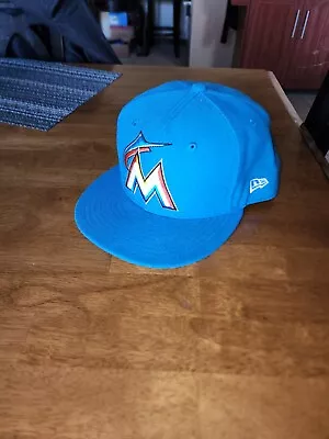 Miami Marlins New Era 59Fifty Baseball Hat Fitted Size 7 1/2 Neon Blue • $15