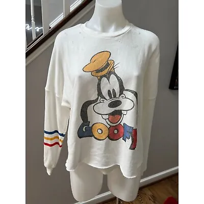 $30 • Buy Lauren Moshi X Disney Goofy Lee Distressed Pullover Sweatshirt White Size XS