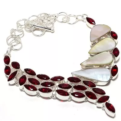 Mother Of Pearl Garnet Gemstone 925 Sterling Silver Jewelry Necklace 18  • $35