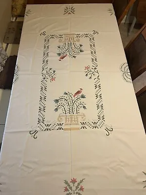 Vintage Cross Stitch Tablecloth Tropical Floral Birds Pineapples Palm Trees • $39.99