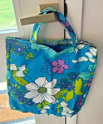 Vintage Vinyl Shopping Tote Bag. Flowers Green Blue 60’s 70’s Hippie Handmade • $19.99