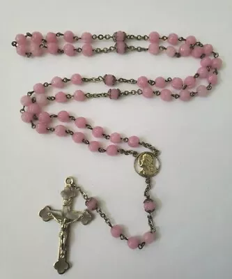 Vtg Rosary Pink Glass Roses Beads Sacred Heart Of Jesus Medal Brass Crucifix  • $14