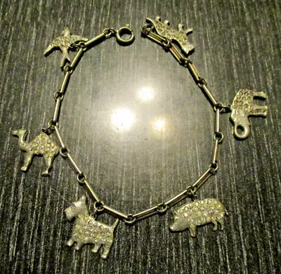 RARE Antique 20's Camel Dog Cat Bird Elephant Pig Pave Rhinestone Charm Bracelet • $45