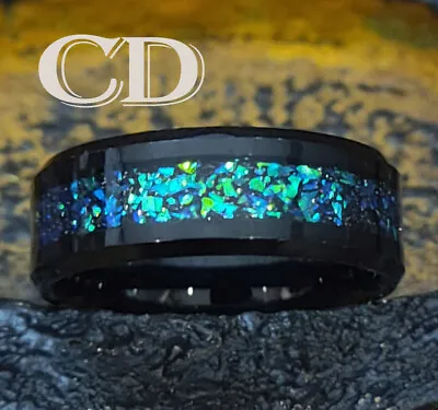 Men's Real Black Tungsten Wedding Ring With Green And Blue Galaxy Opal Inlays • $34.50