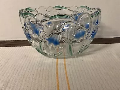 Mikasa Bluebells Floral Glass Bowl 8 Inch Clear Blue Flowers Green Leaves.  • $21.75