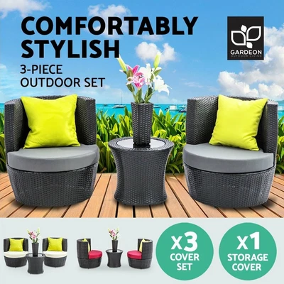 $458.10 • Buy Gardeon 3 Piece Outdoor Lounge Setting Furniture Wicker Chair Table Garden Patio