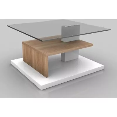 High-Gloss White & Oak Designer Coffee Table • £79.99