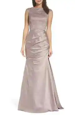 LA FEMME Champagne Beaded Top Off Shoulder Ruched Crepe Satin Gown 14 ~ NWD NEW • $74.25