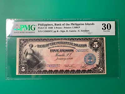 1920 Bank Of Philippines Islands 5 Pesos C450207c P-13 Pmg Vf 30 • $499.99